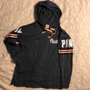 PINK Victoria's Secret Black Long Sleeve Hooded Tee with Pink Stripe Details